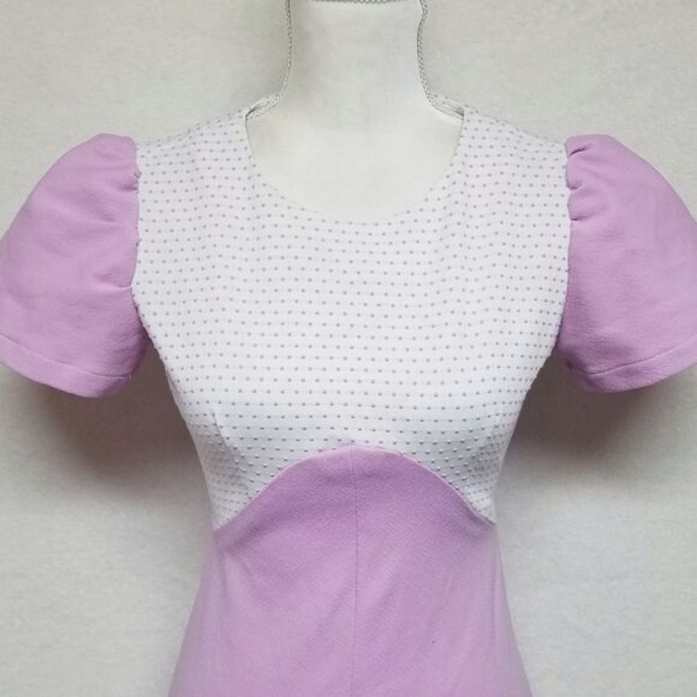 Vintage 1960s Lilac Swiss Dot Handmade Short Sleeve Tie Waist Maxi Dress S - Picture 4 of 13